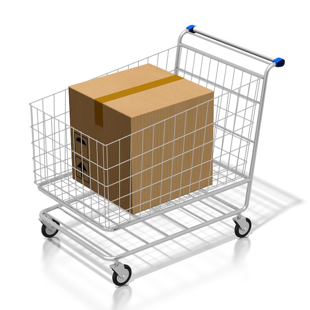 Illustrazione 3D del carrello e del pacchetto di consegna