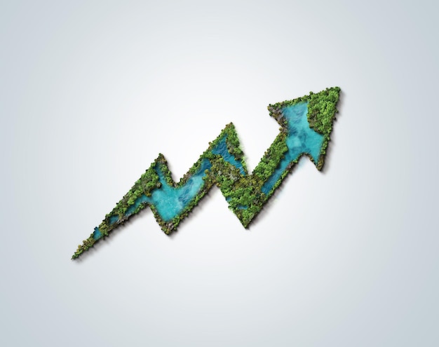 Illustrazione 3d del concetto di economia verde Forma della freccia dell'albero verde su sfondo bianco Green Business