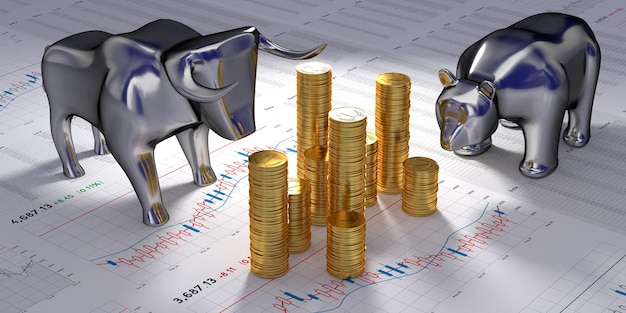 Illustrazione 3D del concetto di mercato azionario dei soldi del toro e dell'orso