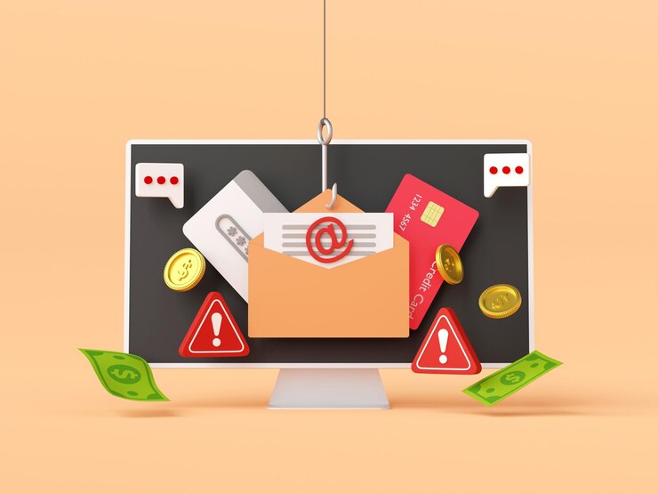 Illustrazione 3d del concetto di phishing dei dati Malware truffa online e phishing delle password