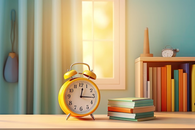 Illustrazione 3D del concetto scolastico con libri, orologio e accessori