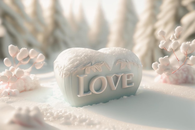 Illustrazione 3D del cuore di ghiaccio con AMORE e albero di Natale nel paese delle meraviglie invernali Ottimo per San Valentino o Natale