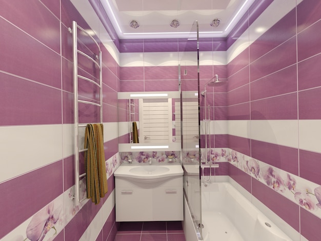 Illustrazione 3D del design di un bagno in viola