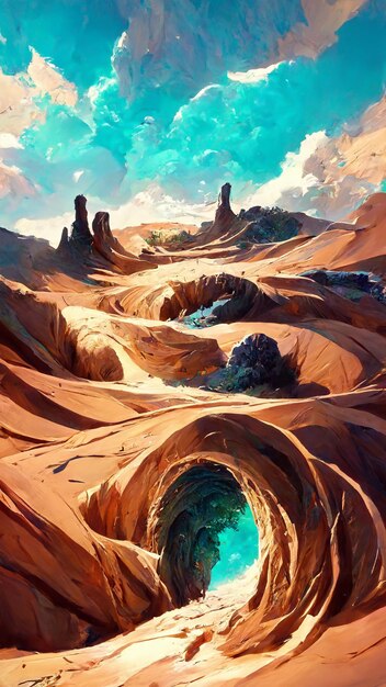 Illustrazione 3D del disegno del fondo della caverna dell'oasi del cactus del deserto delle dune di sabbia