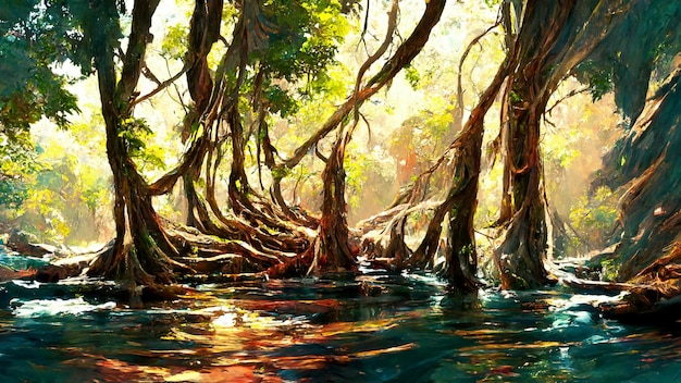 Illustrazione 3D del fiume dell'albero di stile Maya della foresta