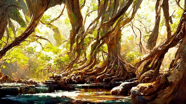Illustrazione 3D del fiume dell'albero di stile Maya della foresta