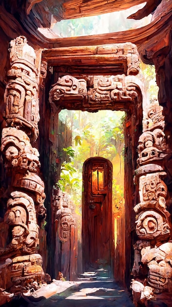 Illustrazione 3D del fondo della porta di stile Maya della foresta