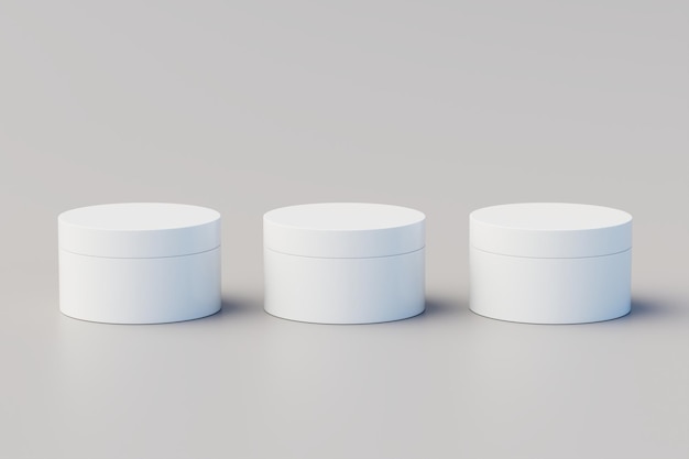 Illustrazione 3D del mockup di barattoli multipli cosmetici in plastica bianca