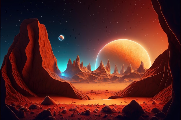 Illustrazione 3d del paesaggio del pianeta alieno della superficie di Marte