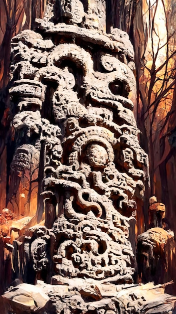 Illustrazione 3D del pilastro di pietra di stile Maya della foresta