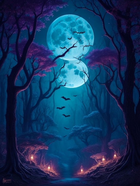 illustrazione 3D del pipistrello volante a tema foresta di Halloween al chiaro di luna