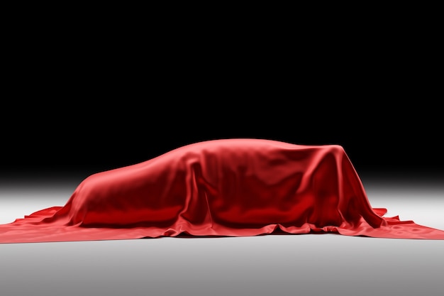 Illustrazione 3d del profilo di un'auto da corsa sotto un panno con riflessi su sfondo nero. Macchina regalo a sorpresa