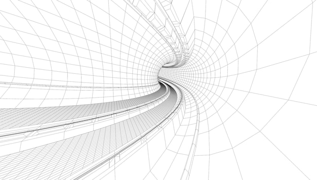 Illustrazione 3d del progetto del tunnel. Treno in una stazione della metropolitana illustrata in stile wireframe.