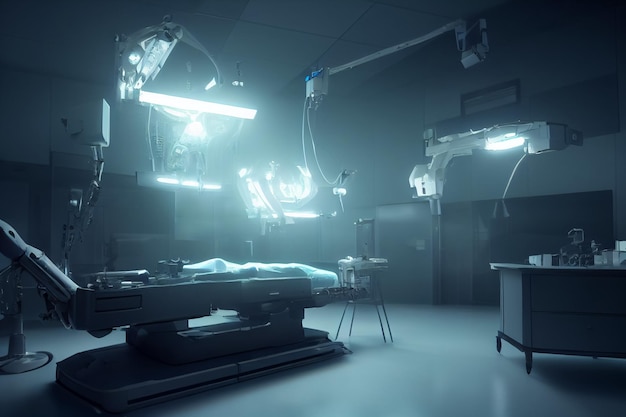 Illustrazione 3d del robot chirurgico nella moderna tecnologia medica della sala operatoria controllata dall'IA
