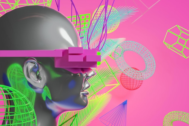 Illustrazione 3d del robot digitale in stile cyberpunk di gioco di simulazione del Metaverse vr che rende la realtà virtuale