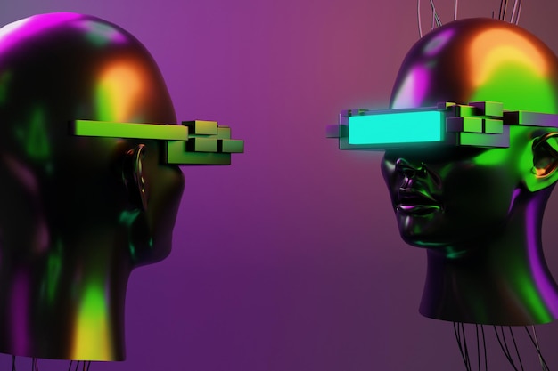 Illustrazione 3d del robot digitale in stile cyberpunk di gioco di simulazione di Metaverse vr che rende la realtà virtuale