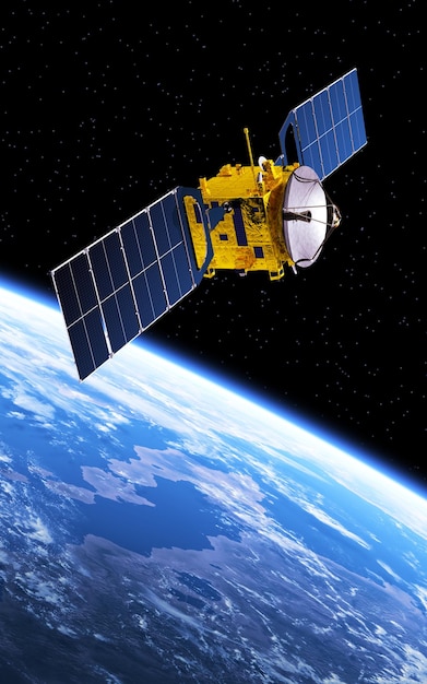 Illustrazione 3D del satellite di comunicazione in orbita attorno al pianeta Terra