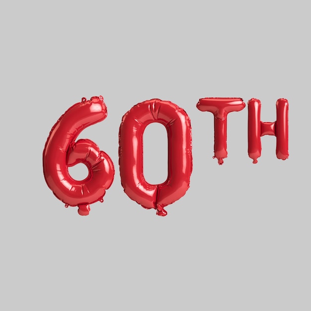 Illustrazione 3d del sessantesimo palloncini rossi isolati su sfondo bianco