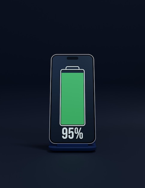 Illustrazione 3D del simbolo della percentuale di carica della batteria dello smartphone wireless