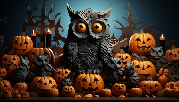 Illustrazione 3D del tema di Halloween con un gruppo di zucca Jack O Lantern e stile grafico di carta