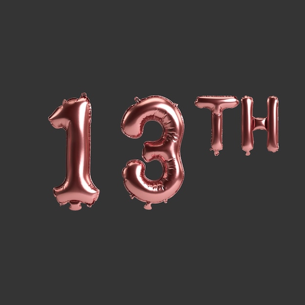 Illustrazione 3d del tredicesimo palloncino rosa di metallo isolato su sfondo nero