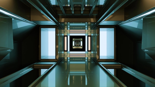 Illustrazione 3D del tunnel astratto moderno 4K UHD con porta e pareti trasparenti con design futuristico e riflessione sul pavimento
