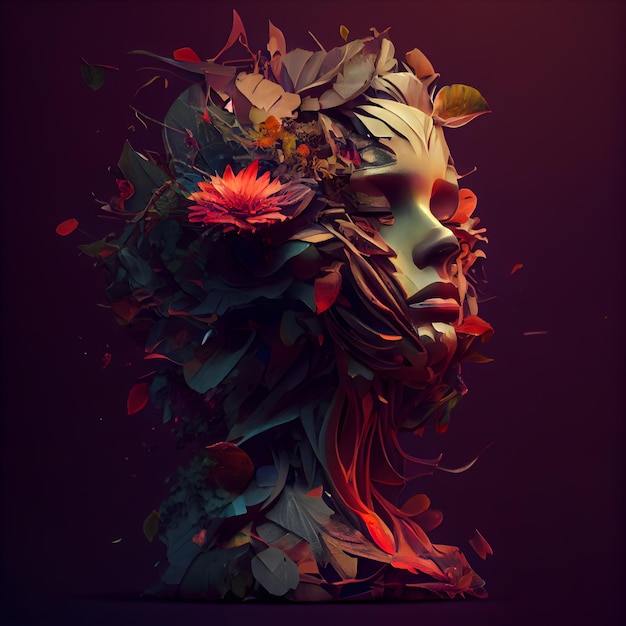 Illustrazione 3d del volto di una donna con foglie e fiori autunnali