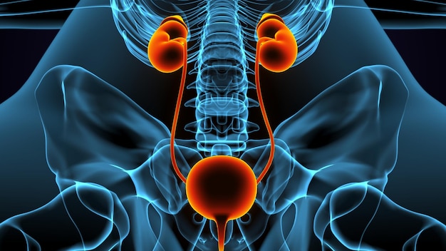 Illustrazione 3d dell'anatomia dei reni maschili umani