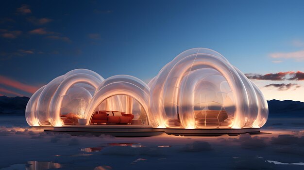 Illustrazione 3d dell'architettura igloo gonfiabile sfondo astratto con sfere incandescenti rendering 3d