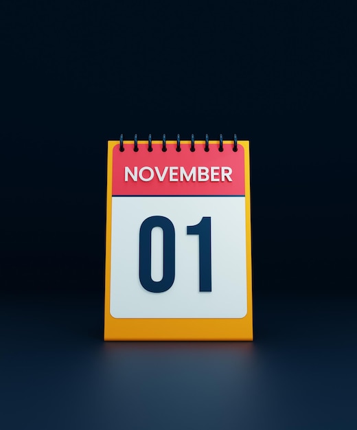 Illustrazione 3D dell'icona del calendario da tavolo realistico di novembre Data 01 novembre