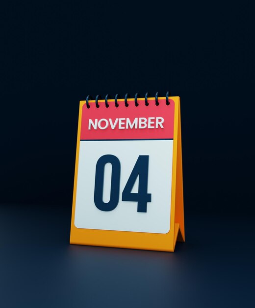 Illustrazione 3D dell'icona del calendario da tavolo realistico di novembre Data 04 novembre