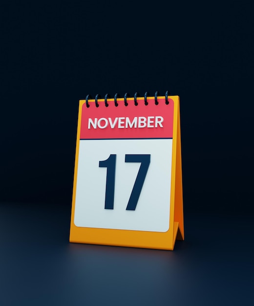 Illustrazione 3D dell'icona del calendario da tavolo realistico di novembre Data 17 novembre