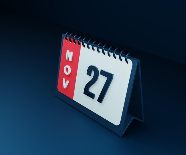 Illustrazione 3D dell'icona del calendario da tavolo realistico di novembre Data 27 novembre