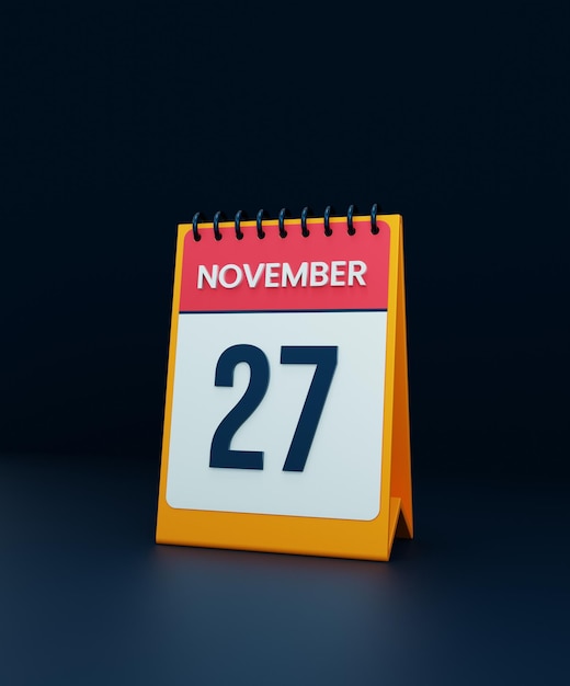 Illustrazione 3D dell'icona del calendario da tavolo realistico di novembre Data 27 novembre