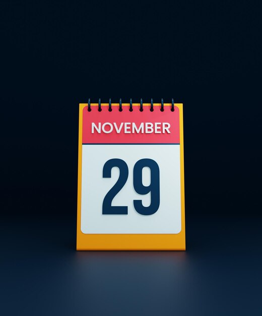 Illustrazione 3D dell'icona del calendario da tavolo realistico di novembre Data 29 novembre