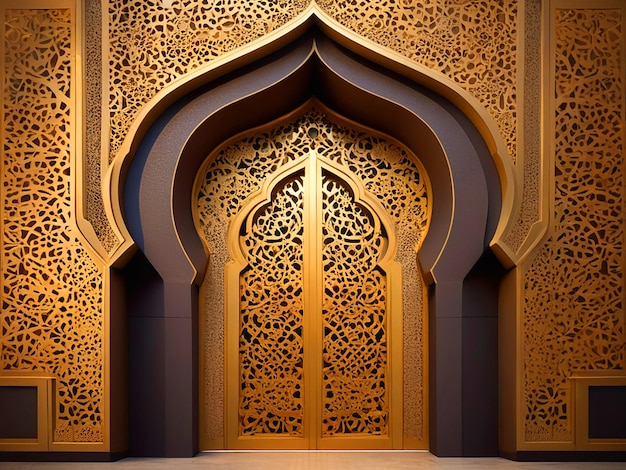 Illustrazione 3D dell'ingresso del cancello ornamento islamico consistenza d'oro per lo sfondo ramadan ad alta risoluzione