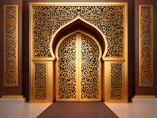 Illustrazione 3D dell'ingresso del cancello ornamento islamico consistenza d'oro per lo sfondo ramadan ad alta risoluzione