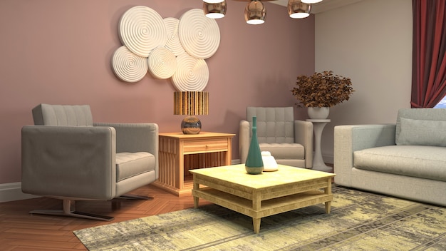 Illustrazione 3D dell'interno del soggiorno