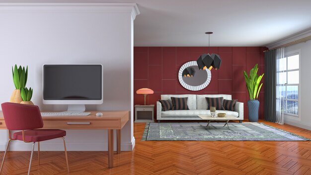 Illustrazione 3D dell'interno del soggiorno