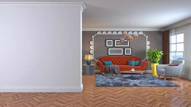 Illustrazione 3D dell'interno del soggiorno