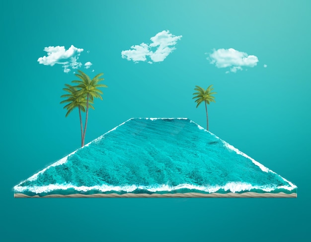 illustrazione 3d dell'oceano isolato con le nuvole. Sfondo di viaggi e vacanze.