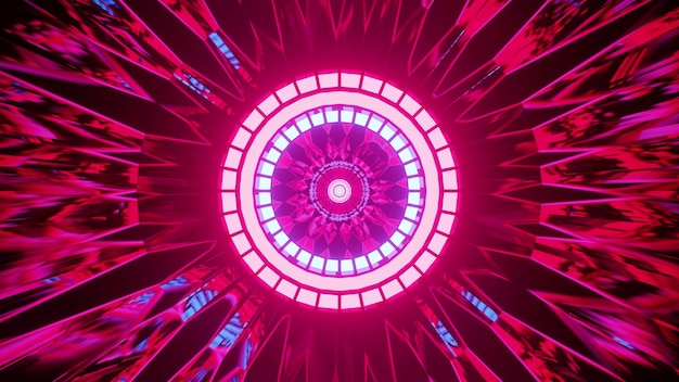 Illustrazione 3D dell'ornamento rosa astratto 4K UHD che circonda le lampade al neon rotonde nel tunnel futuristico