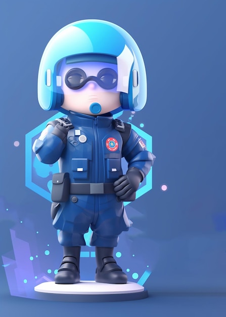 Illustrazione 3d dell'ufficiale di polizia stradale della Corea con un casco blu e un microfono