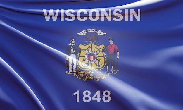 Illustrazione 3d della bandiera del wisconsin su tessuto ondulato