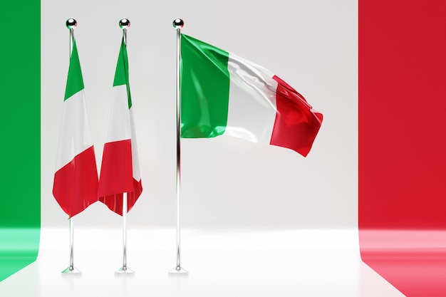 Illustrazione 3D della bandiera nazionale d'Italia su un pennone di metallo svolazzante. Simbolo del paese.