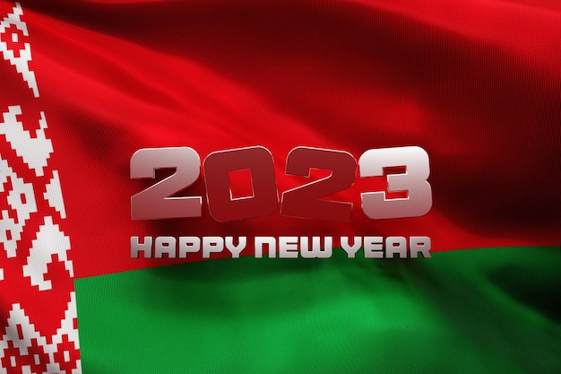 Illustrazione 3d della bandiera nazionale della Bielorussia con un'iscrizione di congratulazioni felice anno nuovo 2023