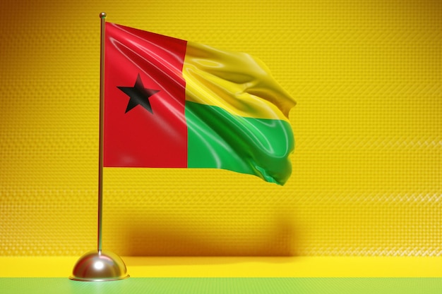 Illustrazione 3D della bandiera nazionale della Guinea Bissau su un pennone metallico svolazzante. Simbolo del paese.