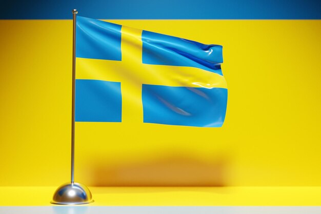 Illustrazione 3D della bandiera nazionale della Svezia su un pennone metallico svolazzante .simbolo del paese.