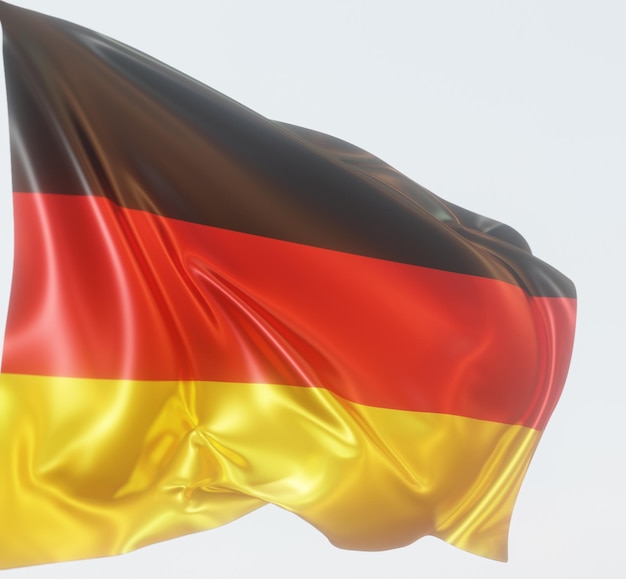Illustrazione 3d della bandiera tedesca su tessuto lucido ondulato su sfondo bianco lucido
