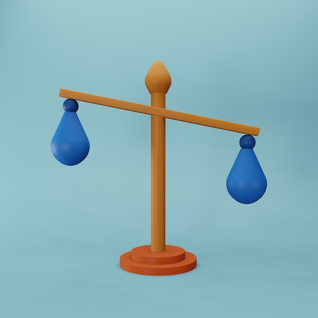 Illustrazione 3D della bilancia della giustizia. Bilancia 3D della giustizia isolata su uno sfondo blu. Immagine del concetto di equilibrio mostrato con sacco isolato su sfondo blu.